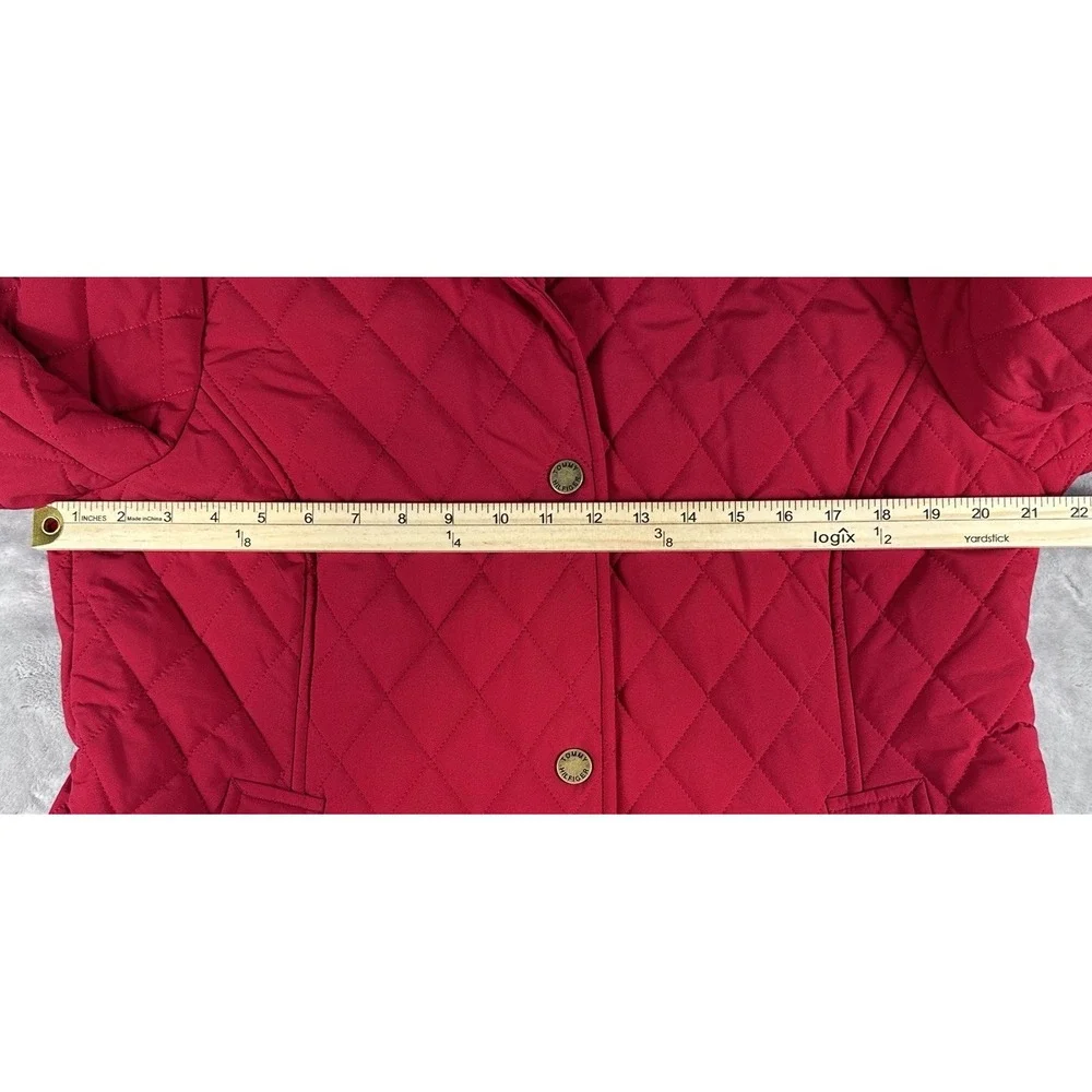 Tommy Hilfiger Womens Quilted Jacket L Red Diamond Snap Preppy Equestrian Urban